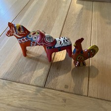 Vintage Red Wooden Swedish Nils Olsson Dala Horse Rooster bundle with label 
