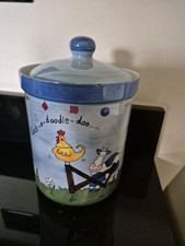 Barnyard Ceramic Biscuit Barrel Chicken Pig Sheep Cow Blue