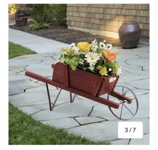 WOODEN WHEEL BARROW PLANTER MODERN GARDEN BURNT WOOD FLOWER CART ORNAMENTAL POT