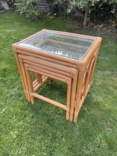 Vintage Bamboo Cane Side Nest of 3 Tables Tempered Glass Tops Bohemian Retro MCM