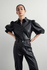 Zara Black Faux Leather Puff Sleeve Blouse Shirt Size UK 6 XS