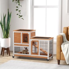 Wooden Rabbit Hutch Bunny Guinea Pigs House Cage Wheels Indoor 110 x 50 x 86cm