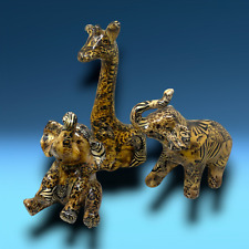 Vintage Lot 3 x La Vie Giraffe Elephants Statue Safari Patchwork Collage Design