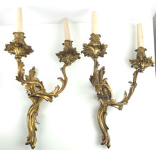 Pair Large Antique Brass Wall Lights Lamps Candle Sconces Rococo Ormolu Vintage
