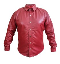 Mens Full Sleeve Red Shirt Very Hot Real Sheep Soft Leather Button Up Shirt BLUF