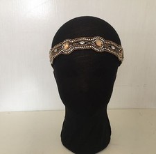 CLEAR CRYSTAL GOLD DIAMANTE  GOLD BEADED HEADBAND FLAPPER GATSBY WED BRIDAL