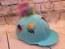 SXC Xmas Unicorn 2 Horse Faux Fur Pompom Riding Hat Silks Rainbow Custom Gift