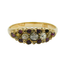 Victorian 15ct Gold, Old-Cut Diamond & Ruby Boat Ring Antique c1880