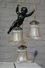 Antique French spelter bronze putti angel 3 shade pendant lamp chandelier 