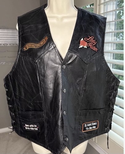 Black leather biker vest - black,