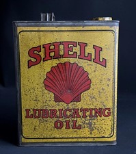 SHELL LUBRICATING MOTOR OIL CAN VINTAGE CLAM DESIGN GARAGE LUBRICANT DISPLAY TIN
