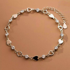 925 Sterling Silver Crystal Hollow Heart Linked Charm Bracelet Women Jewellery