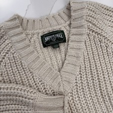 American Eagle Chunky Knit Sweater Womens Small Oatmeal Ribbed V-Neck Fisherman