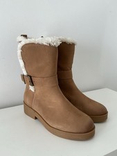 NEW Ladies M&S Comfort Tan Leather Fur Lined Mid Calf Boots, UK Size 7 Wide Fit