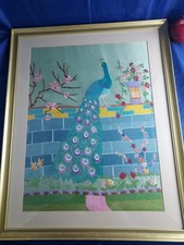 VINTAGE-"ORIENTAL STYLE" [ "PEACOCK" ] ,"EMBROIDERY/ PICTURE," LARGE SIZED!!