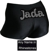 Personalised Black lycra Gymnastics shorts with NAME in Rhinestones ALL SIZES