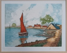 Original Aquatint print, French Fisherman's Cottages signed A Robertson 20th C.