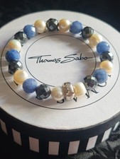 Thomas sabo logo silver Pearl, blue stone, Hematite stretchy bracelet Medium 💙 
