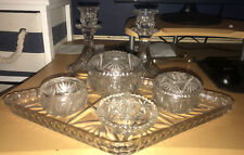 Vintage 1930s Clear Cut Glass 7 piece Vanity / Dressing Table Set candlesticks