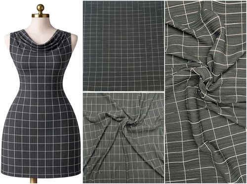 Black white grid check plisse - white,