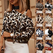 Women Blouse Long Sleeve Print One Cold Shoulder Tops Shirts Loose TEE Plus Size