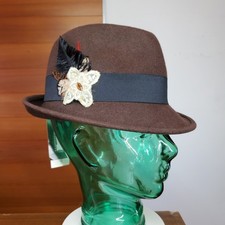 August Accessories 23"/L NEW Fedora Hat 100% Wool Dark Brown Feather Millinery