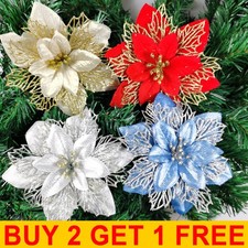 10X Large 16cm Christmas Poinsettia Glitter Flower Tree Hanging Party Xmas Decor