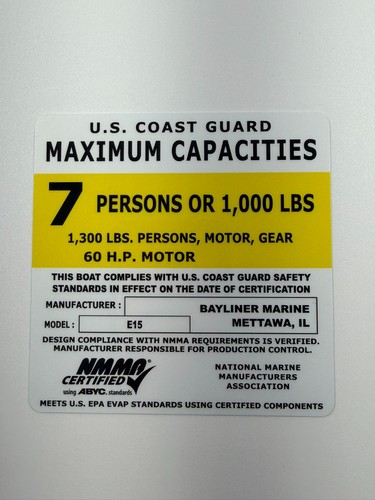Bayliner e15 capacity decal - e15,