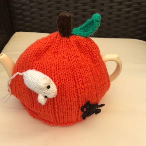 Hand knitted pumpkin cat - hand,
