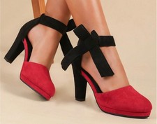 LADIES RED & BLACK FX SUEDE ANKLE STRAP 2 PART SHOES SIZE 9 TRANSVESTITE TV DRAG