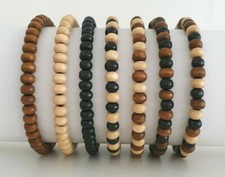 Job Lot 7 x Mens Wooden Bead Tribal / Surfer Elastic Bracelet -Black White Brown