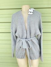 New ZARA GREY BLUE MOHAIR WOOL BLEND JACKET CARDIGAN Tie Belt  size M  W7