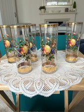 Vintage Hand Painted Drinking Glasses Set of 6 with Gold Rim & Base Retro 1960s