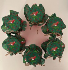 6 Green  robin fabric jam jar cover/jar toppers with labels bands & ties