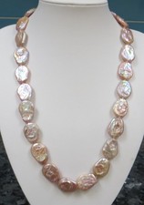 D'Joy 925 Sterling Silver long Pink Lustrous Coin Pearl Necklace