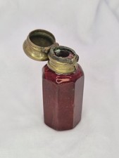 Antique Scent Bottle Beautiful Cranberry Glass Brass Victorian Perfume Art Deco