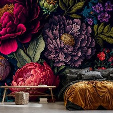 FLOWERS DARK PEONIES ROSES Wallpaper Wall Mural Modern Bedroom Living Room Photo