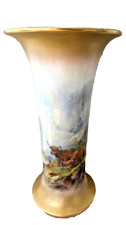 Royal Worcester Trumpet Vase Highland Cattle Harry Stinton G923 d 1919 23cm tall