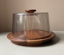 Vintage Danish Luthje Wood Cheese Dome Denmark Teak MCM 60s Round Perspex Lid