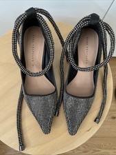 Zara Silver Studded Shiny Court Strappy Shoes EU 35