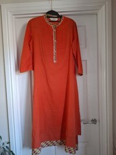 Vintage Biba Orange Cotton & Flax Long Dress Size M VGC