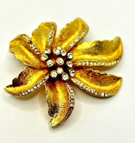 Brooch gold crystal - crystal, floral