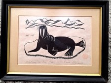 Enook Manomie. Inuit Art Signed. Walrus on an Ice Floe. 29cm x 22cm