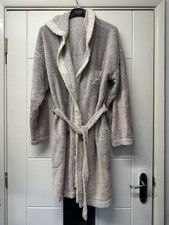 Ladies Woman’s Grey Cream Dressing Gown Hooded Robe Medium