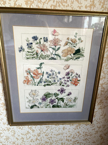 Framed cross stitch needlework - framed,