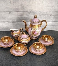 Vintage Fine Porcelain Bavaria Coffee Set. Handpainted Gold Accents 13 Pieces