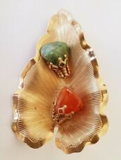 Brooch ~ Lily Design ~ Green & Orange Agate Stones ~ Textured Gold Tone