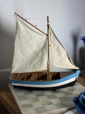 Vintage Hand-Crafted Wooden Sailboat Model – Nautical Decor with Canvas Sails