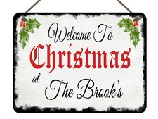 Personalised Christmas At The Family Hanging Plaque Wall Sign Present Gift Xmas