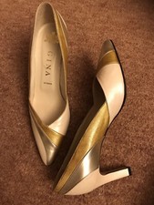 BEAUTIFUL GINA COURT SHOES WEDDING 80s 90s CREAM GOLD SILVER HEELS NEW LEATHER 6
